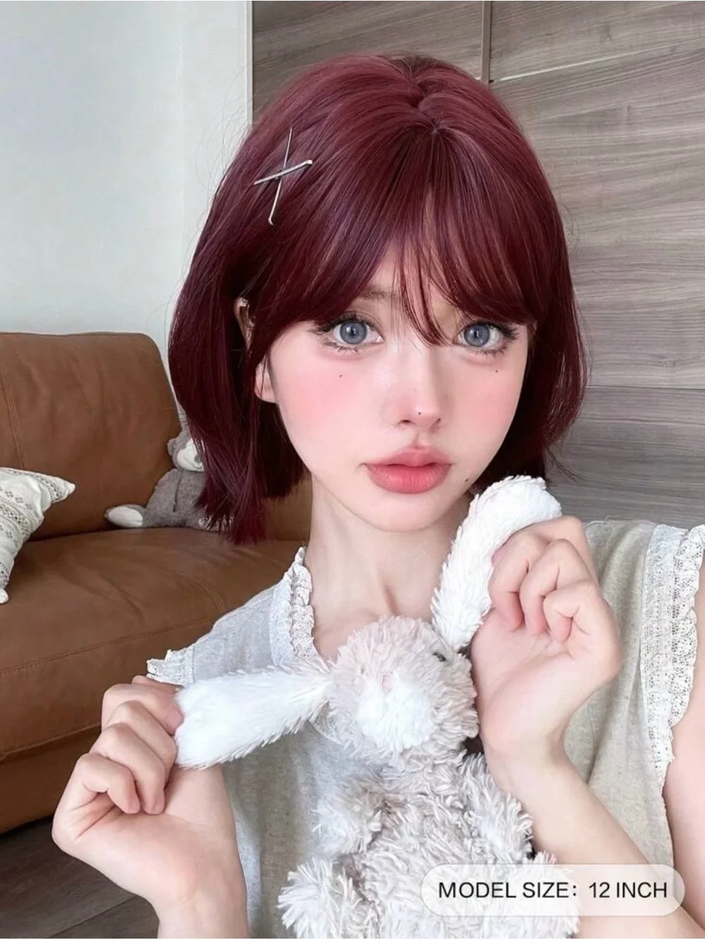 Heat Resistant Burgundy Bob Wig with Bangs 12”